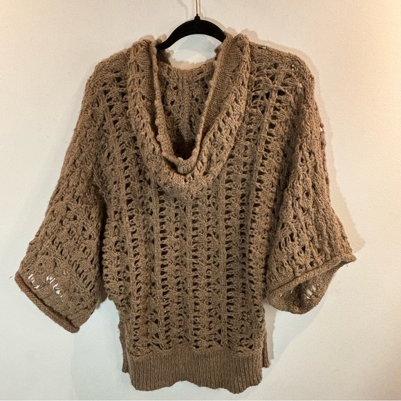 FREE PEOPLE Sz M Open Weave Crochet Style Hooded Pull On 3/4 Sleeves Sweater Top - Picture 7 of 10